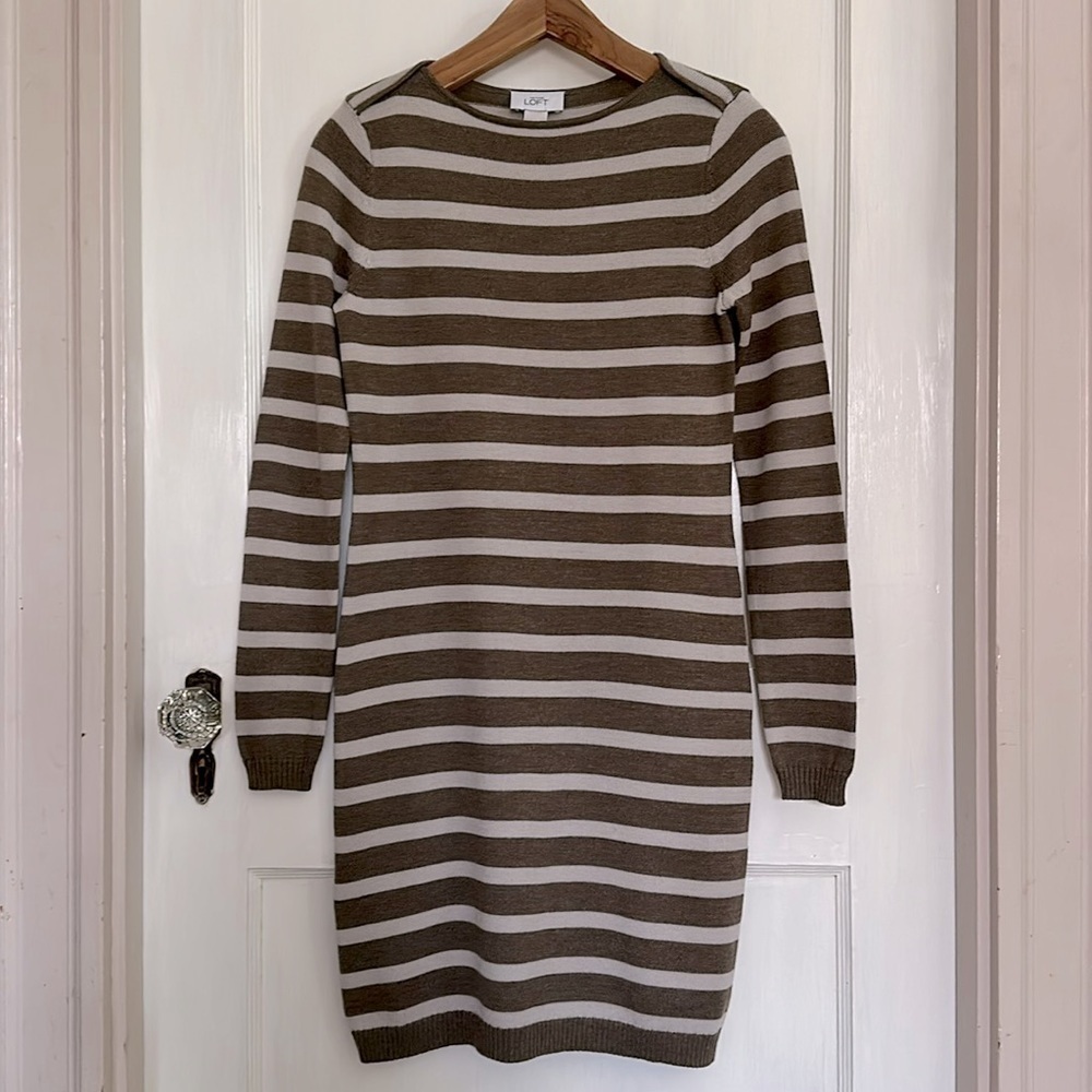ANN TAYLOR LOFT Striped Sweater Dress - Brown/Shell Gray